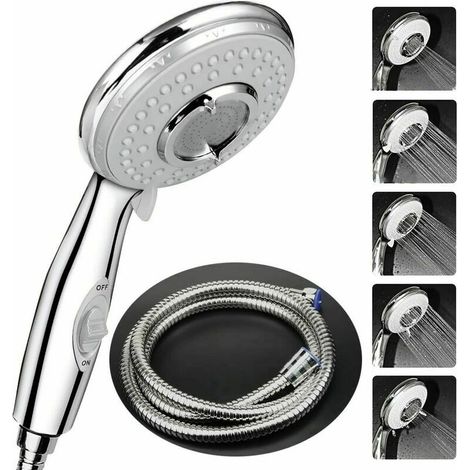 Green Mobility-Pommeau Douche + 2 M Tuyau de Douche Flexible, Pommeau de Douche avec Tuyau, 5 Modes Economiseur d'eau et bouton de l'interrupteur, Haute Pression Douchette Pommeau Acier Inoxydable (1/5)