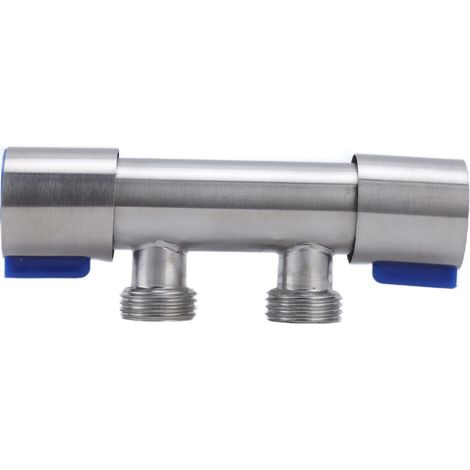 Robinet à bec de pistolet 304 inox, double entrée double sortie, double poignée double commande, eau froide, ouverture rapide pour lave-linge, volant bleu (1/5)
