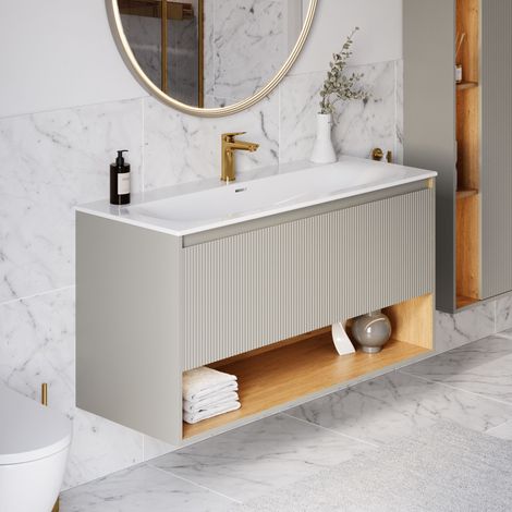 BERNSTEIN - Mobile lavabo sospeso MDF Grigio Seta opaco, lavabo DURAVIT Bianco lucido + 1 foro rubinetto, troppopieno, piletta - 123x49x62cm - BELDIVO	Grigio seta opaco, Con foro rubinetto 1x