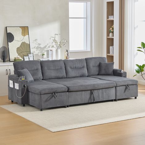 Canapé d’angle 4 places avec 2 méridiennes, rangement, porte-gobelets et USB-C, gris charbon (1/5)