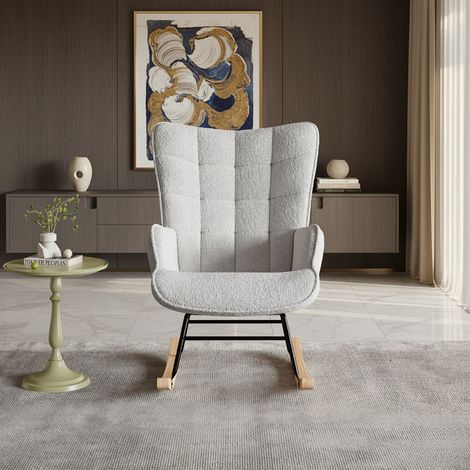 Poltrona a dondolo in tessuto bouclé grigio chiaro - Sedia a dondolo design scandinavo per salotto e camera