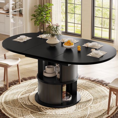Tavolo ovale estensibile 118/158x118x77 cm in MDF nero con ripiani - MEUBLIV (1/5)