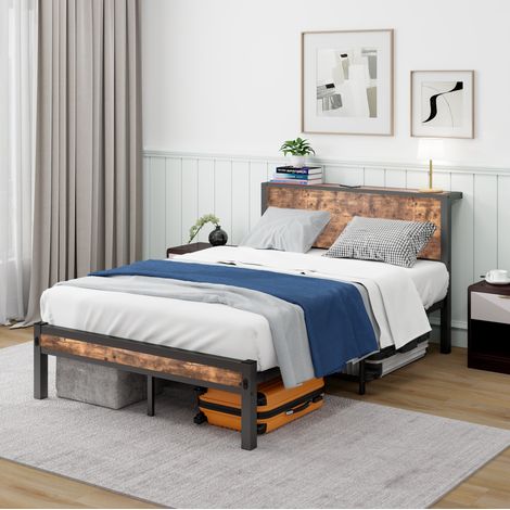 Letto per adulti 120x200 cm, con spazio sottoletto e rete a doghe, in MDF e metallo, marrone antico, senza materasso (1/5)