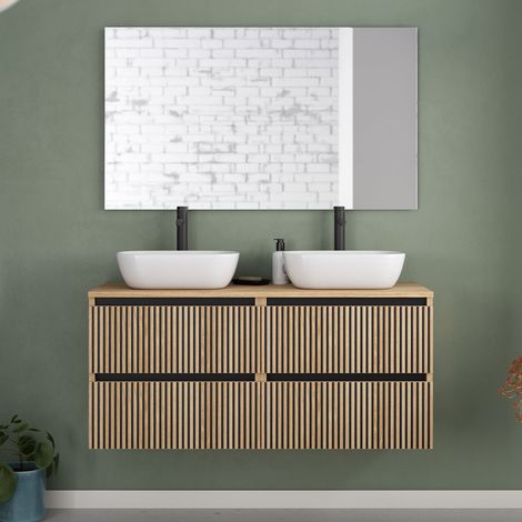 Meuble de salle de bain 140cm avec plateau et 2 vasques à poser arrondies - 4 tiroirs - roble era (chêne clair) - VENERIA (1/5)