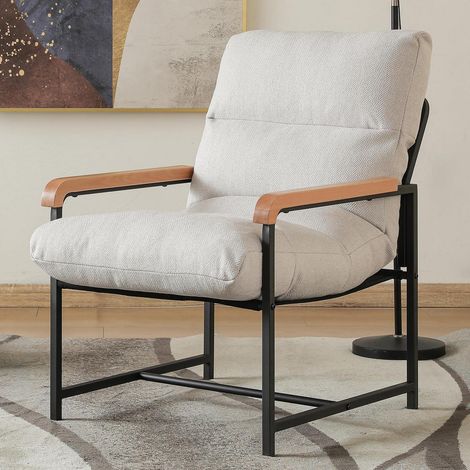 Fauteuil rembourré avec accoudoirs en bois, blanc (1/5)