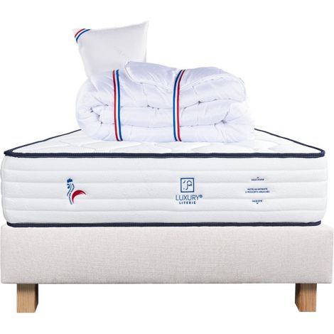 Ensemble Matelas Patriote, 27 cm, ressorts ensachés, ferme, face été/hiver + sommier beige ep20cm + oreiller + couette, 90x190cm (1/5)