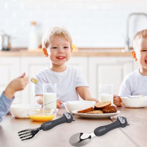Zweiteiliges Kinderbesteck aus Edelstahl 304, Gabel und Löffel mit Tiermotiven (Welpen). (1/5)