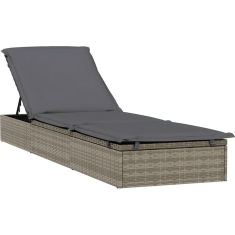 Transat chaise longue bain de soleil lit de jardin terrasse meuble d'extérieur 201 cm avec coussin gris 201x55x62 cm résine tressée (1/5)