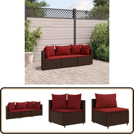 3-tlg. Garten-Sofagarnitur mit Kissen Braun Poly Rattan - Gartenmöbel - Lounge Set - Esszimmergarnitur - Rattan Möbel - Gartenlounge