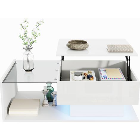Table basse blanche brillante avec verre et LED (1/5)