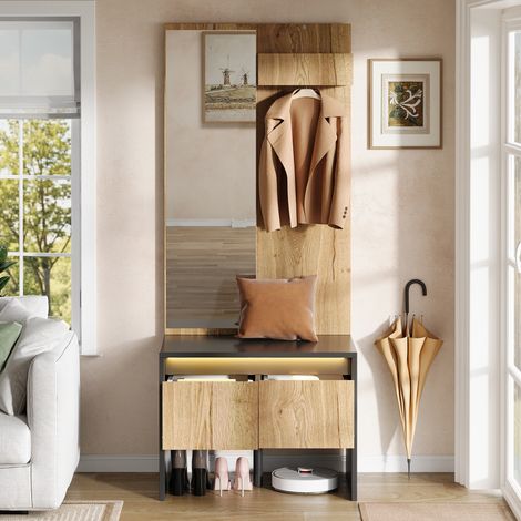 Ensemble rangement avec penderie, crochets, glace, coffre à chaussures et 2 tiroirs – finition noire et bois naturel, 60x38x145 cm (1/5)