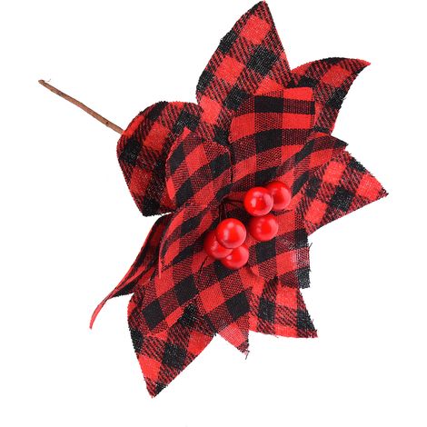 Poinsettia à carreaux en tissu rouge noir, déco sapin de Noël fleur artificielle pour guirlande couronne mariage fête, 1 pièce Ø16,8 cm H14 cm (1/4)