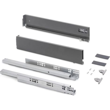 Kit tiroir pour cuisine et bain à régulation 3D, hauteur 93mm, profondité 450mm, 40 Kg, fermeture amortie, panneaux non incluses, Acier, gris anthracite (1/5)