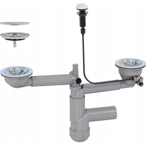 Siphon mural automatique pour évier granit à deux bacs Prevex, anti-débordement, avec connexion lave-linge et lave-vaisselle (1/5)