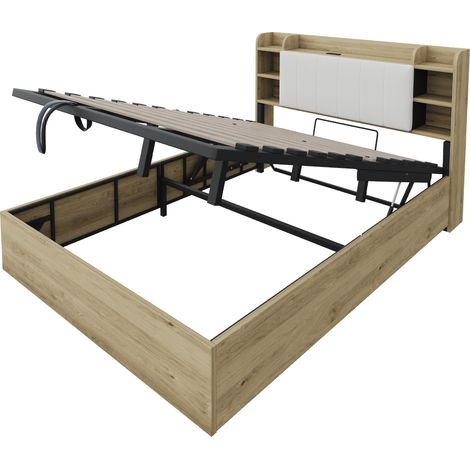 CAIziLit bois 180x200cm hydraulique,tête lit rangement, USB,Type-C,lit double (1/5)