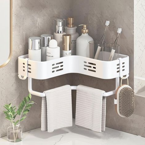 CCYKXA Thickened Corner Wall Shelf with 2 Hooks for Bathroom Storage and Organization - Shower Shampoo, Cleanser, Condiment Bottle (White)