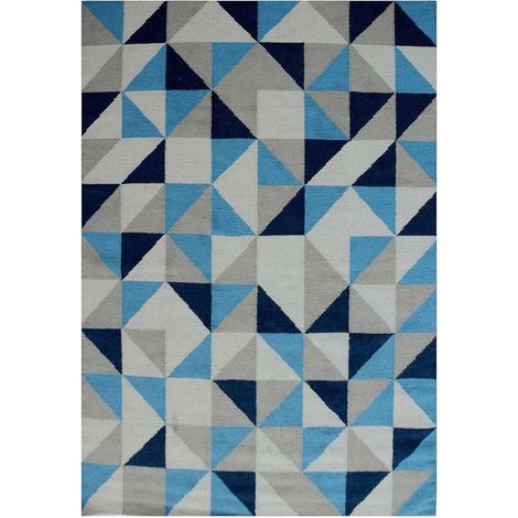 Tapis kilim fait main en laine 240x340 bleu ciel et bleu foncé rectangle (1/5)