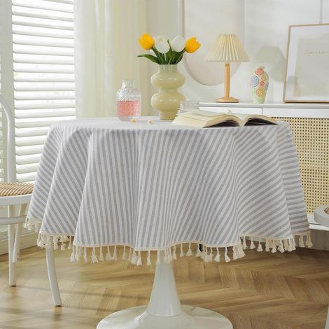 Gestreifte Tischdecke mit Quasten, abwaschbar, 120 cm rund, grau/weiß