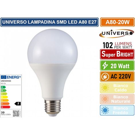 UNIVERSO A80-20W LAMPADINA LED SMD E27 20W BULB A80 GOCCIA 2050 LUMEN - 3000K 4000K 6500K - Colore Luce:Bianco Freddo (1/2)