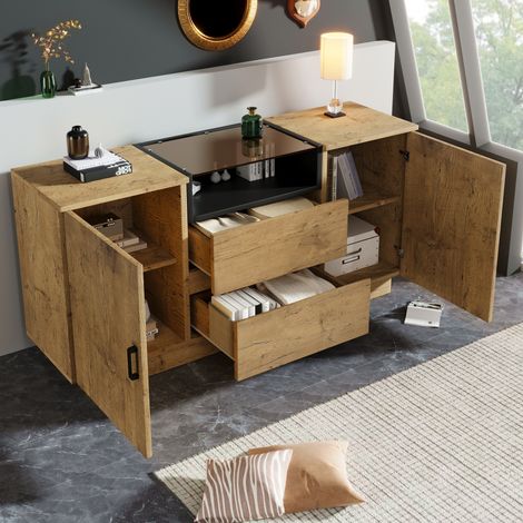 Aparador con acabado de madera, mueble de almacenaje para cocina/sala de estar, 2 puertas, 2 cajones con estantes ajustables, 140x40x70 cm (1/5)
