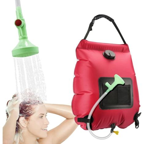 Sac de douche solaire portable de 20 L pour l'extérieur, idéal pour le jardin, la piscine et le camping. Comprend une pomme de douche et un interrupteur. (1/5)