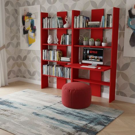 Libreria con scrivania integrata - Ideale per studio, cameretta o soggiorno - Rosso