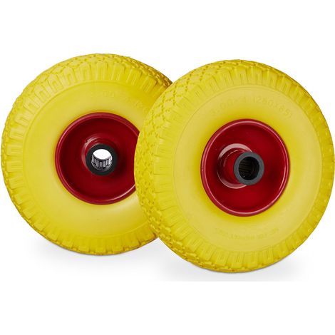 Relaxdays Sackkarrenrad Set, pannensicher, 3.00-4 Vollgummireifen, Stahlfelge, 25mm Achse, 100 kg, 260x85mm, gelb-rot (1/5)