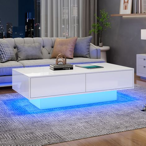 Mesa de centro blanca brillante 115 x 55 x 34 cm con 2 cajones y LED DESVIAE (1/5)