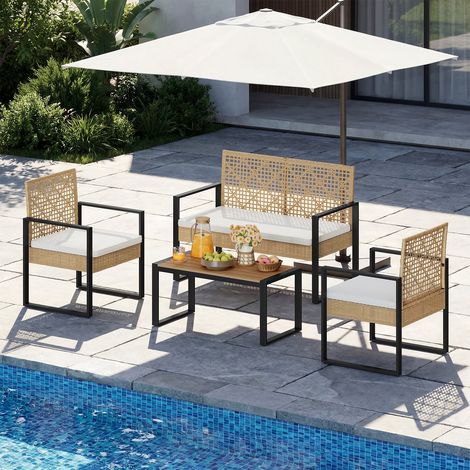 WOLTU Gartenmöbel Set, Sitzgruppe 1 Tisch 1 Zweisitzer-Sofa 2 Sessel, Rattan Gartenset mit abnehmbaren Kissen und Armlehnen, für Terrasse Balkon, Naturholz