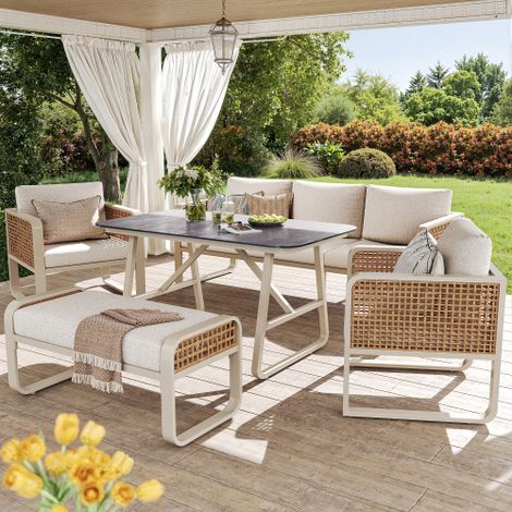 Ensemble de salon jardin pour 6-7 personnes, groupe de sièges en rattan PE incl. table d'appoint, canapé jardin avec coussin lavable, pieds réglables pour terrasse (1/5)