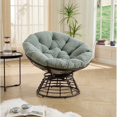 Sedia girevole 360° con cuscino imbottito in velluto a coste, struttura in acciaio e rattan PE, stile moderno, verde chiaro (1/5)