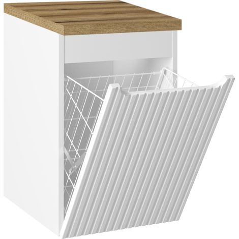 Meuble bas de salle de bain NOVA blanc avec panier à linge et plan en chêne 40 cm (1/5)