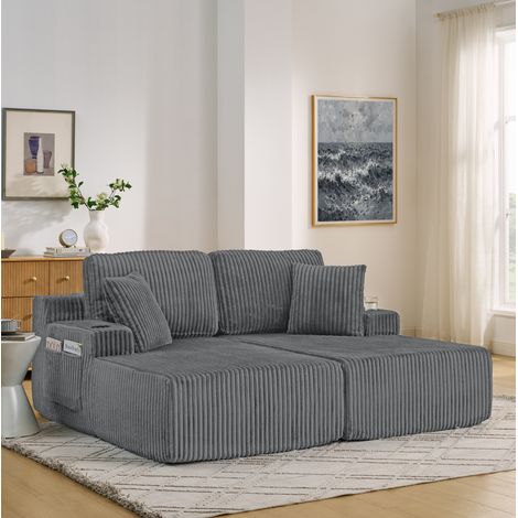 Sofá cama 2 plazas gris de pana, sillón relax multifunción con portavasos, bolsillo lateral y cojines,186x154x78 cm (1/5)