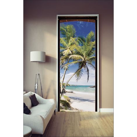 Sticker mural décoratif pour porte, Paillote avec les palmiers, Sable blanc, Bord de mer, Île, 204 cm X 83 cm (1/2)