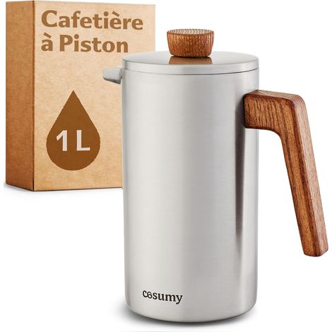 Cafetière à Piston Inox 1l pour 5 Tasses - Double Paroi Isolante - Garde le café chaud - Acier Inoxydable et Bois de chêne FSC (1/5)