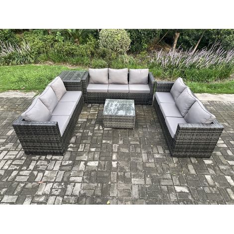 Fimous Rattan Garden Furniture Set 9 Seater Patio Outdoor Lounge Sofa Set with Side Table Square Coffee Table Dark Grey Mixed (1/5)
