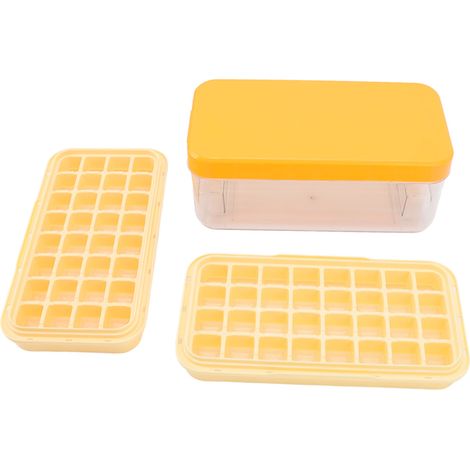 Bac à glaçons avec couvercle, pelle à glace et rangement pour 64 glaçons (2 niveaux), en silicone jaune à démoulage facile. (1/5)