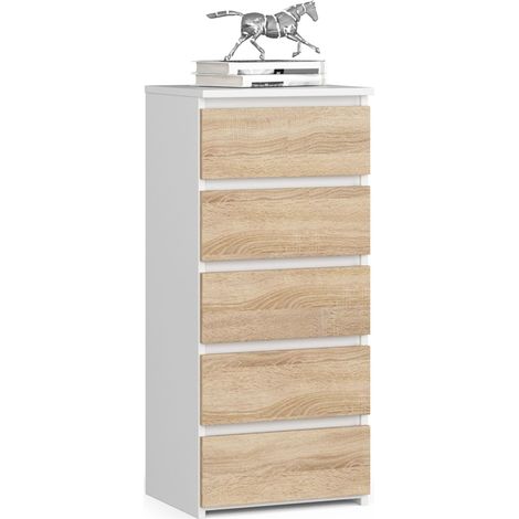Cassettiera AKORD CL5 Cassettiera Bianca 40 cm 5 cassetti inserto frontale Sonoma Quercia 40x35x92 cm