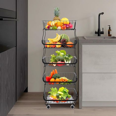 Corbeille à fruits à 5 étages en métal - Panier de rangement à roulettes - Panier à légumes avec roues universelles - Base interchangeable - 41 cm x 29 cm x 112 cm (1/5)