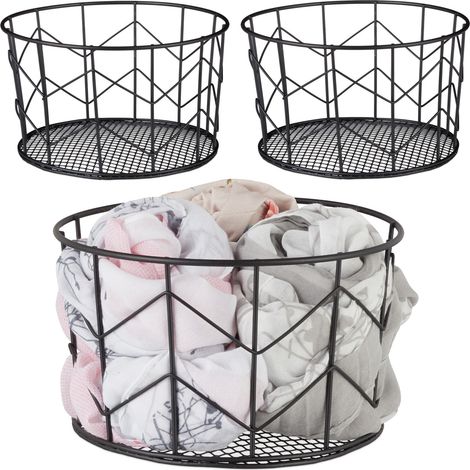 Corbeille fil de fer, lot de 3, Panier métal, pot rangement vêtement Accessoires, cosmétiques, HxD : 12,5 x 22 cm, noir (1/5)