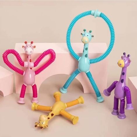 Lot de 4 Jouets de bain pour enfants,Ventouse télescopique Jouet Cartoon Tube étirer et décompresser Jouet éducatif(Girafe) (1/4)