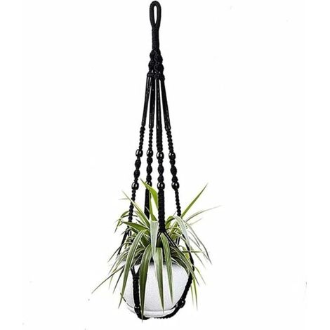 Black cotton rope indoor plant hanger, 98 cm, with wooden beads, for home decor, without hooks, 1 pair (1/4)