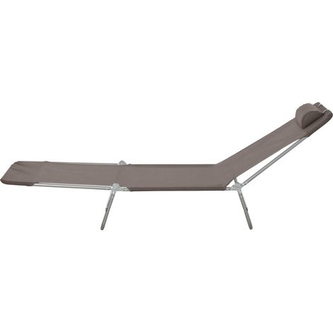 Chaise longue pliante avec dossier inclinable et coussin, 182 x 56 x 24,5 cm, marron et argent.