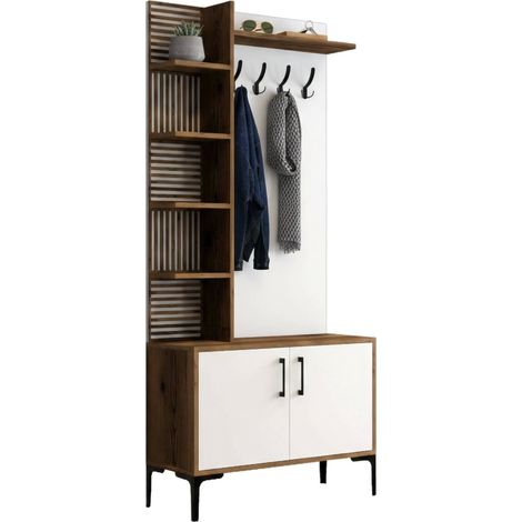 Dmora - Eingangsmöbel Dghilard, Moderner Eingang, Wandgarderobe, Multifunktions-Aufbewahrungskonsole, 90x35h200 cm, Walnuss und Weiß
