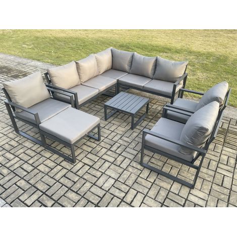 Fimous 9 Seater Outdoor Aluminium Garden Furniture Set Corner Lounge Sofa Set with Square Coffee Table Chair Big Footstool Dark Grey (1/5)