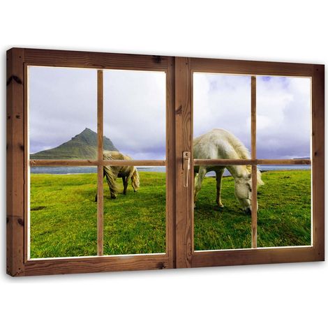 Tableau sur toile Vue de la fenêtre Champ de chevaux 100x70 (1/5)