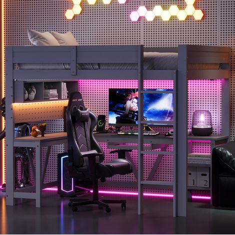 Letto rialzato 90x200 cm con scrivania, ripiani, LED e porte USB, in legno grigio, materasso non incluso (1/5)