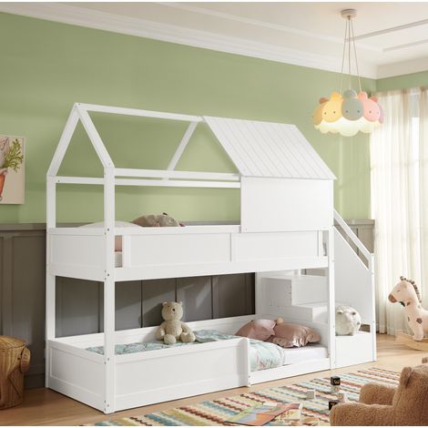 Lit superposé 256,5x98x206,5 cm en bois blanc, escalier, gain de place, sans matelas – MEUBLIV (1/5)