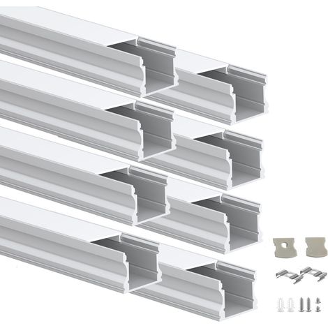 Lot de 8 canaux en aluminium à LED sans spot - 1 m - Diffuseur plat laiteux - Canal de profilés en aluminium pour bande LED - Largeur jusqu'à 12 mm (1/5)