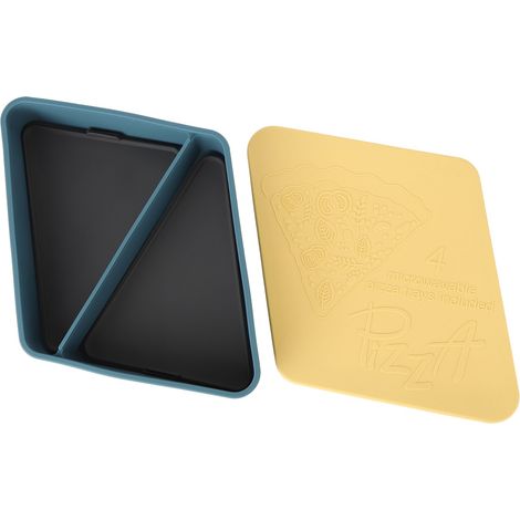 Quadratische Silikon-Pizzaschachtel, hitzebeständig und wiederverwendbar, ideal für Picknicks, dunkelblau mit hellgelbem Deckel. (1/5)